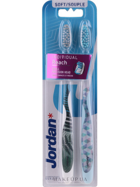 Зубная щетка individual reach, мягкая, белая с папоротником + голубая с абстрактным рисунком
