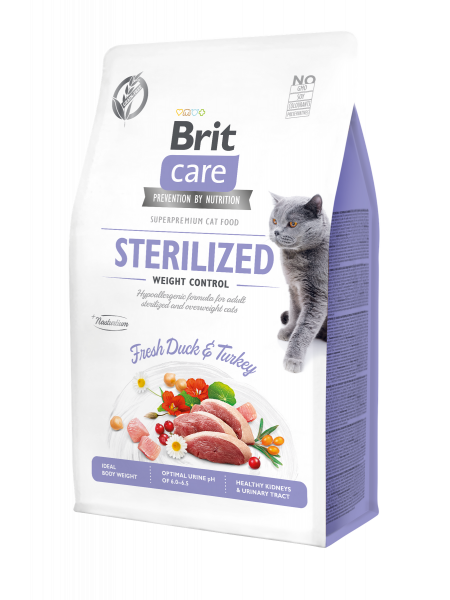 Сухой корм для стерелизованных кошек с лишним весом Brit Care Cat GF Sterilized Weight Control 2 кг (утка и индейка)