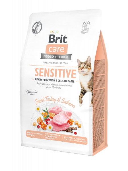 Сухой корм для привередливых кошек Brit Care Cat GF Sensitive HDigestion & Delicate Taste 400 г (индейка и лосось)