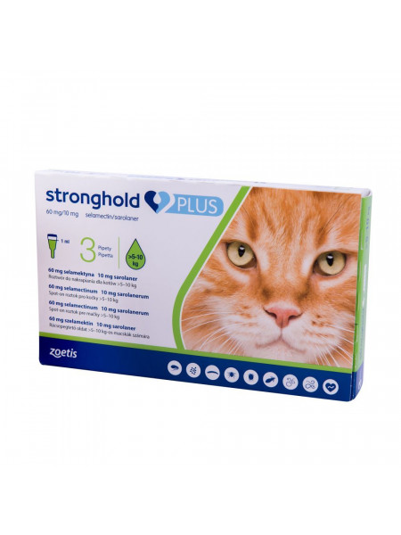 Капли на холку для кошек Стронгхолд Плюс 60 мг 10 мг, от 5 до 10 кг, 3 пипетки (от внешних и внутренних паразитов)