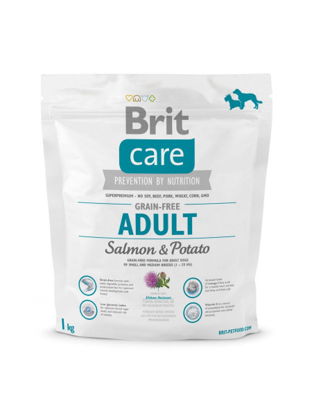 Сухой корм для взрослых собак мелких и средних пород (весом до 25 кг) Brit Care GF Adult Salmon & Potato 1 кг (лосось)